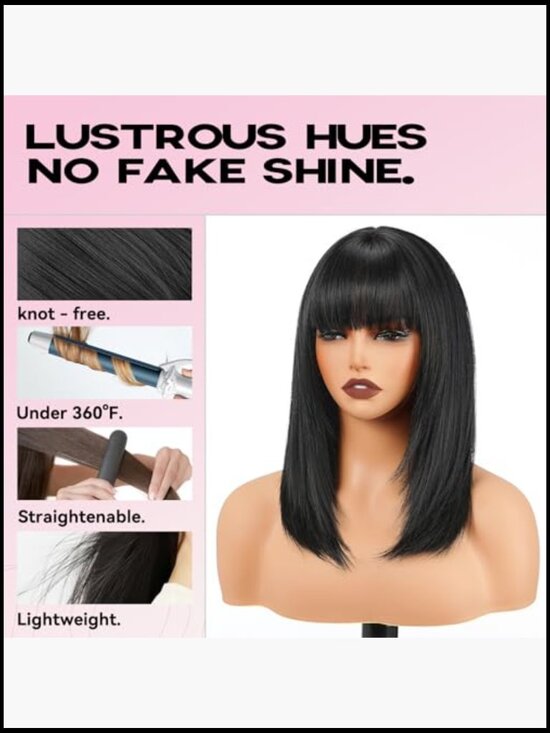 Straight Layered Wig with Bangs Shoulder Length Heat Resistant Natural Look for main image 6